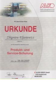Certyfikat uzyskany po szkoleniu w Niemczech- kliknij by przejść do strony AL-KO KOBER